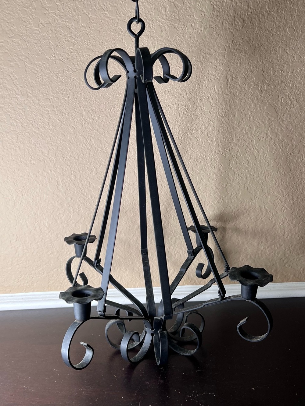 Vintage 1990s Primitive Style Wrought Iron Taper Candle Chandelier